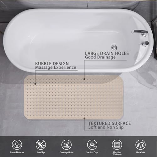 Extra Large Non-Slip Bathtub Mat, 36x17” TPR Shower Mat with 198+ Suction Cups, Bath Mat for Elderly/Kids, Machine Washable & Fast Drainage, Foot Massage Design (Khaki, Extra Large) - color: Khaki