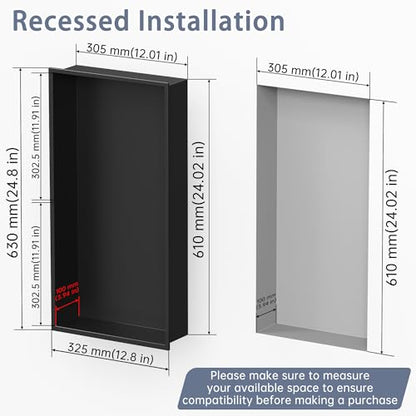 Shower Niche 24"×12" No Tile Needed, Matte Black Recessed Wall Niche, Stainless Steel, Waterproof Rust Resistant, 4in Deep for Bathroom Shower Room - size: 24"W x 12"H x 4"D