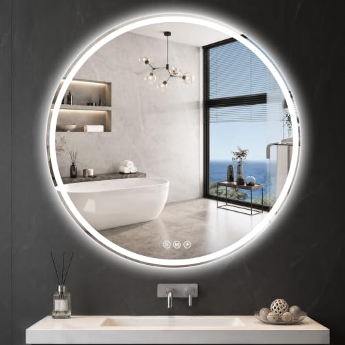 Round LED Bathroom Mirror, 42 Inch, HD Shatterproof Tempered Glass | Lighted Bathroom Mirror with Dimmable Lights Bathroom Mirror with Lights for Wall, 3 Color Temperatures - size: 42"L x 42"W
