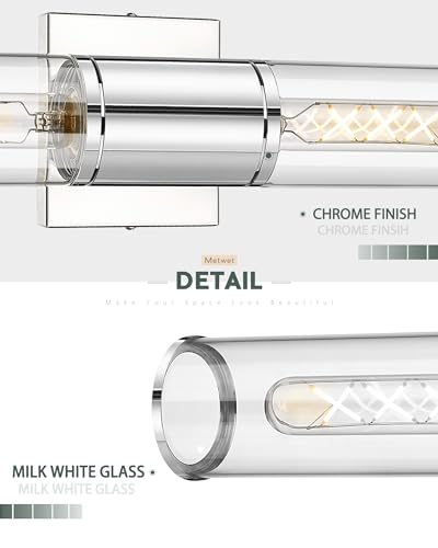 2-Light Chrome Bathroom Vanity Light Fixtures, Clear Glass Shade | Modern bathroom wall sconces, vertical/horizontal mounting, E26 base, hardwired, bulbs not included, VL834-CH-CL - color: Chrome-Clear Glass