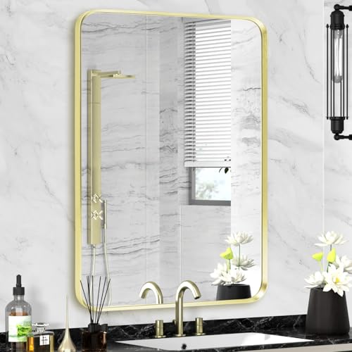Gold Bathroom Mirror 22x30in, Metal Framed Rounded Rectangle Wall | Tempered Glass, Anti-Rust Frame, Hangs Horizontal or Vertical, HD Reflection Clarity - color: Gold, size: 30"L x 22"W, style: Rectangle