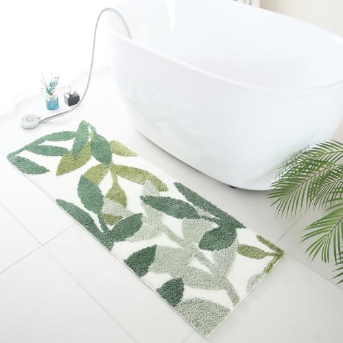 Long Bathroom Runner Rugs- Green Leaves Bathmats Strong Water Aabsorbent Bath Rug with Non Slip Back Large Cute Bathroom Mat for Bathtub Shower Wash Basin 17.5x47 IN/45x120 CM | Super Soft Strong Water Absorbent Bathmat Cute Bath Rug Leaf Bath Home Decor