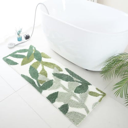 Long Bathroom Runner Rugs- Green Leaves Bathmats Strong Water Aabsorbent Bath Rug with Non Slip Back Large Cute Bathroom Mat for Bathtub Shower Wash Basin 17.5x47 IN/45x120 CM | Super Soft Strong Water Absorbent Bathmat Cute Bath Rug Leaf Bath Home Decor