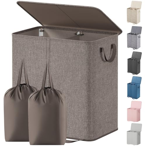Lifewit Double Laundry Hamper with Lid and Removable Laundry Bags, Large Collapsible 2 Dividers Dirty Clothes Basket with Handles for Bedroom Laundry Room Closet Bathroom College, 136L Brown - color: Brown, size: 136L