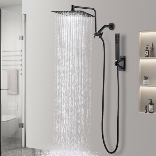 10" Metal Rain Shower Head with Handheld Spray Combo, 3 Settings Shower Diverter, Stainless Steel Handheld Shower Wand, Adjustable Extension Arm, 71 Inches Extra Long Hose - Matte Black