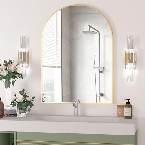 Arched Wall Mirror for Bathroom, 40"x30" Arched Mirror Wall Mounted Mirror with Metal Frame, Gold Vanity Mirror Decor for Mantle, Bedroom, Entryway, Living Room - color: Brushed Gold, size: 40"L x 30"W
