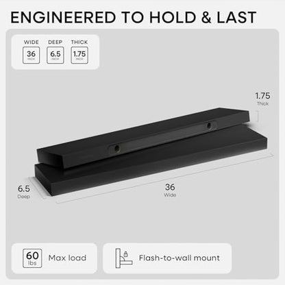 Black Floating Shelves 36 inches Long, High End Solid Real Wood 36 inch Floating Shelf for Wall Mounted, Black Wooden 36in Floating Shelves, Heavy Duty Bracket, 36 X 6.5 X 1.75 in, Set of 2 - color: Modern Black - Rich Neutral Satin, size: 36 inch