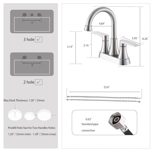 Brushed Nickel Bathroom Faucet, 2-Handle Lead-Free 360° Swivel High-Arc Spout 4 Inch Centerset Bath Lavatory Vanity Sink Faucets Set for Sinks with Drain & Water Hoses, VABM80008L - color: Brushed Nickel