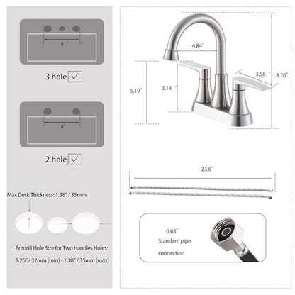 Brushed Nickel Bathroom Faucet, 2-Handle Lead-Free 360° Swivel High-Arc Spout 4 Inch Centerset Bath Lavatory Vanity Sink Faucets Set for Sinks with Drain & Water Hoses, VABM80008L - color: Brushed Nickel