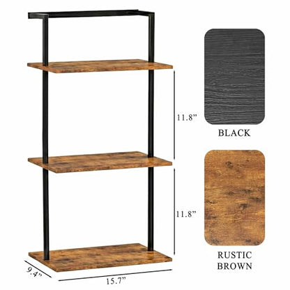 3-Tier Over the Toilet Storage Shelf, Bathroom Wall Shelf | Metal Frame with Rustic Brown MDF Boards, Floating Mounted Rack and Holder, for Living Room, Office, Holds Decor, Essentials