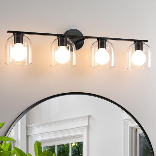WOSHITU Bathroom Vanity Light Fixtures: 32.3 Inch Modern Matte Black Bathroom Lighting Fixtures Over Mirror with Clear Glass Shade 4 Light Vanity Lighting Fixtures Farmhouse Vanity Lights - color: Matte Black, size: 4-light