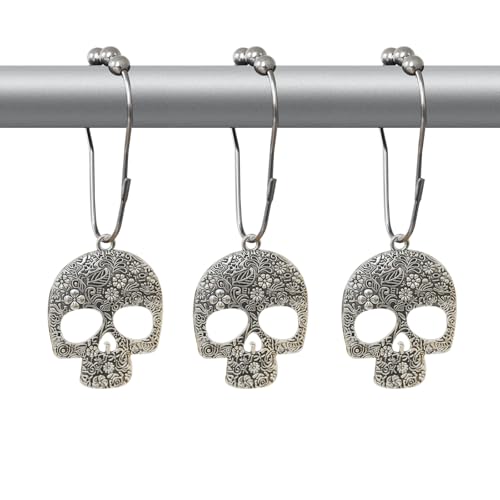 Skull Shower Curtain Hooks Decorative Rings for Bathroom Halloween Skeleton Bath Decor Stainless Steel Rustproof Shower Hanger Pack of 12 (Silver) - size: Skull