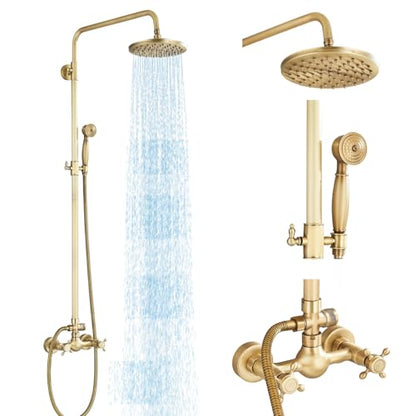 Antique Brass Shower System Bathroom Shower Faucet Set with 8 Inch Rainfall Shower Head Handheld Spray 2 Cross Handles Wall Mounted Outdoor Shower Fixtures Solid Brass - color: Antique Brass, style: Two Modes