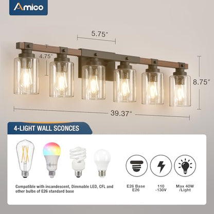 Amico 6-Light Farmhouse Bathroom Vanity Light, Seeded Glass, Black & Wood | Bubble Glass Shade Wall Sconce, Over Mirror Light Fixtures for Bathroom, Bedroom, Living Room, Hallway, Powder Room, Entryway - size: 6-Light