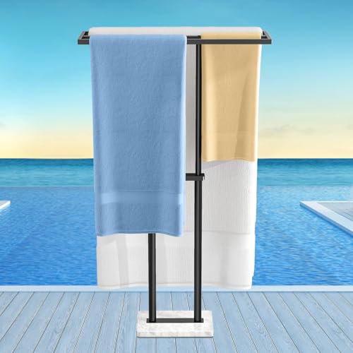 40” Standing Towel Rack, 3 Tier Towel Stand with Marble Base, Black | Stainless Steel Freestanding Towel Racks for Bathroom, Towel Holder Stand for Hanging Multiple Sizes Towels