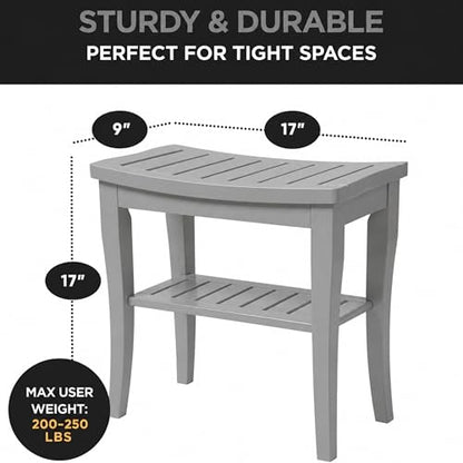 Bamboo Shower Bench, Gray Bathroom Wooden Stool Chair Seat with Storage | Compact 9 x 17 x 17 In, Great for Small Bathrooms, Non Slip Feet, Storage Shelf, Concave Seat, Holds Up to 250 lbs - color: Grey Standard