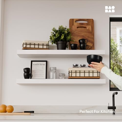 Solid Wood Floating Shelves for Wall 30 Inches Long, White Wooden Shelf | Real Wood, 30 Inch, Bathroom Shelf Large, Heavy Duty, Wall Mounted, Kitchen Bedroom Thick, White Finish, 30W × 6.7D, Set of 2 - color: White, size: 30 Inch