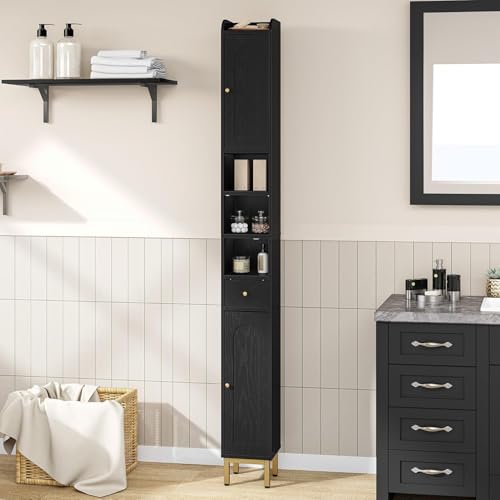 Hzuaneri Bathroom Cabinet with Shelves,Tall Bathroom Storage Cabinet | Tall Bathroom Storage Cabinet with Adjustable Shelves & Doors & Drawer, Narrow Toilet Paper Storage Cabinet, Black BC28004G - color: Black, size: 7.9"D x 7.9"W x 70.9"H
