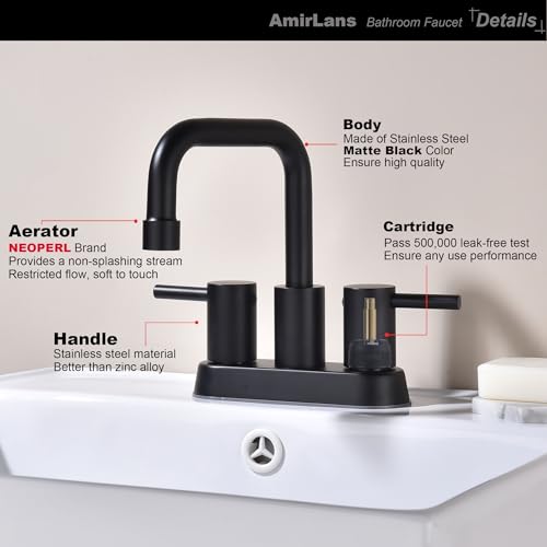 4 Inch Centerset Matte Black Bathroom Faucet 2 or 3 Hole | Stainless Steel Black Sink Faucet with Pop up Drain, 2 Handle Vanity Faucet for Bathroom, Restroom, Rv - color: Matte Black