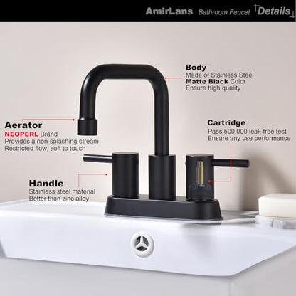 4 Inch Centerset Matte Black Bathroom Faucet 2 or 3 Hole | Stainless Steel Black Sink Faucet with Pop up Drain, 2 Handle Vanity Faucet for Bathroom, Restroom, Rv - color: Matte Black