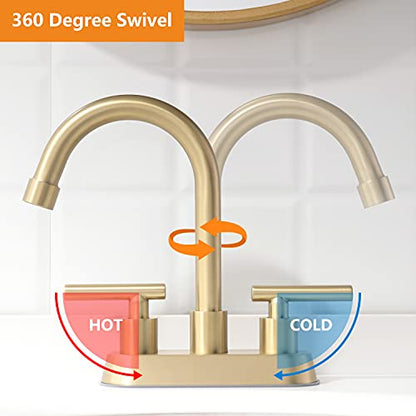 Brushed Gold Bathroom Faucet, 2-Handle 4" Centerset Sink Faucet with Drain | YardMonet Brushed Gold Bathroom Sink Faucet, 2-Handle Stainless Steel Vanity Faucet with Pop-up Drain and Supply Lines - color: Gold