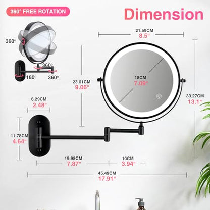Magnifying Mirror with Lights 1x/15x Rechargeable | 8.5 inch Wall Mounted Lighted Makeup Mirror for Bathroom - color: Black