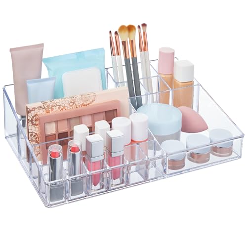 STORi Audrey Clear Vanity Makeup Organizer | 15-Compartment Holder for Brushes, Eyeshadow Palettes, & Beauty Supplies | Stacks on Audrey Storage Drawers | Made in USA - size: Cosmetic Organizer, style: Cosmetic Organizer Topper
