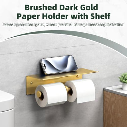 Double Roll Toilet Paper Holder, Brushed Gold, 304 Stainless Steel | Wide Utility Shelf, Phone & Wet Wipe Storage, Modern Bathroom Upgrade, Guest Bath & Family Bathroom Use - color: Brushed Gold, size: Double Rod