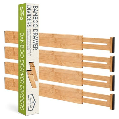 Bamboo Drawer Organizer Adjustable and Expandable - Ideal Drawer Dividers for Kitchen, Dresser, Bedroom and Bathroom - Expandable Drawer Organizer Set of 4 - Water-Resistant Finish