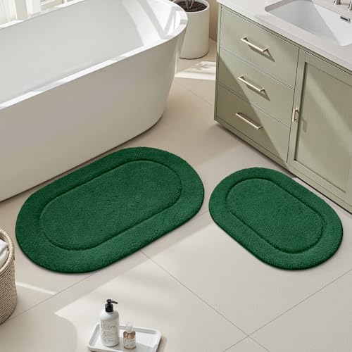 HOMEIDEAS Bathroom Rugs Sets 2 Piece, Soft Bathroom Mats and Absorbent Microfiber Machine Washable Bath Mats for Shower Room, Bathtub, Kitchen (20" x 32" + 16" x 24", Dark Green) - color: Dark Green