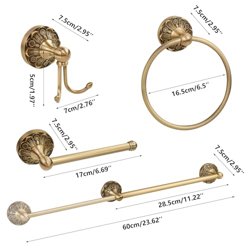 Brass Bathroom Accessory Set, Antique Brass Toilet Paper Holder Towel Ring Hook, Towel Hook Robe Toilet Paper Roll Holder, Rustic Towel Rack Bar Hardware Set Farmhouse Wall Mounted(4 Pieces) - color: Brass 4