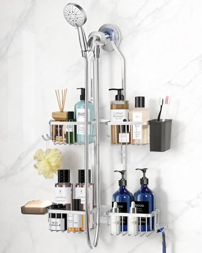Adjustable Shower Caddy Hanging for Handheld Showerheads - Upgraded Never Rust Shower Hanging Organizer, Bathroom Shower Rack with Soap Basket, Hooks and Toothbrush Holder (Shiny Silver) - color: Shiny Silver
