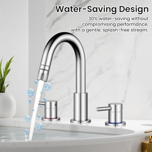 Pull-Down Bathroom Faucet 3 Hole 8 Inch with Pop-Up Drain,Chrome | 360° Swivel Spoutr & Dual Modes,8" Widespread 2-Handle, Pop-Up Drain & 10-Min Install for 3-Hole Bathroom Sink Faucets. - color: Chrome