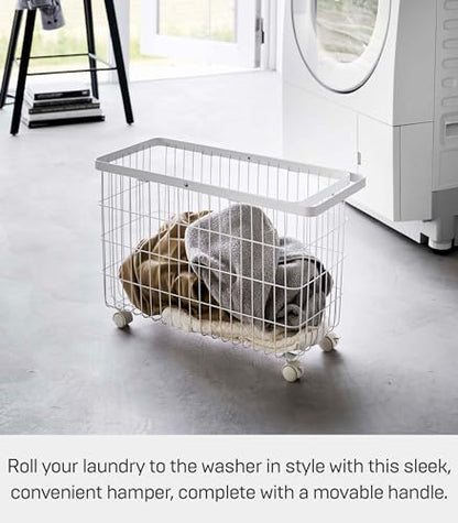 Yamazaki Home Rolling Laundry Basket, Short, Wheeled Hamper, Steel, White | Small metal laundry hamper cart features smooth-rolling wheels and a convenient built-in handle. Suits modern home storage. - color: White