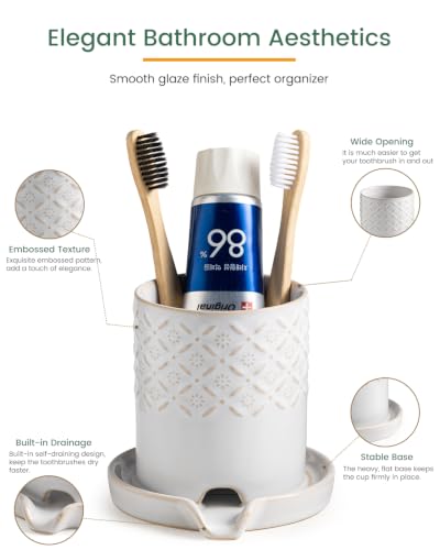 Zoeeker Toothbrush Holders for Bathrooms, Ceramic Toothbrush Holder Set | Self-draining Toothbrush & Toothpaste Holder Shower Tooth Brush Cup with Drainage Brush Holder Pen Holder for Family, White - color: B-white