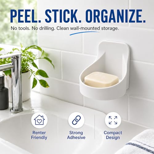 White No Drill Adhesive Wall Shelf, Round Plastic Cup Holder