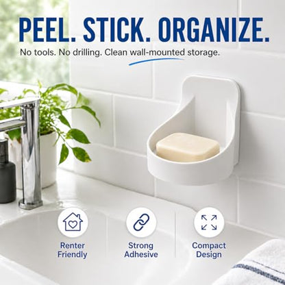 White No Drill Adhesive Wall Shelf, Round Plastic Cup Holder