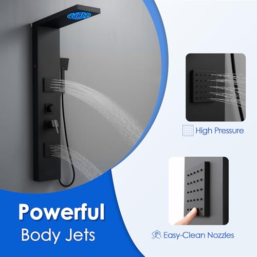 ROVOGO Shower Panel Tower System W/Led Lights, 5 Shower Modes, Matte Black | Rainfall Mist Shower Head, 3 Body Jets, Handheld and Tub Spout, Stainless Steel Shower Column With Mixing Valve, 46.5 Inch - style: Black- With Led Lights