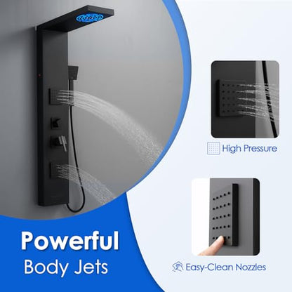 ROVOGO Shower Panel Tower System W/Led Lights, 5 Shower Modes, Matte Black | Rainfall Mist Shower Head, 3 Body Jets, Handheld and Tub Spout, Stainless Steel Shower Column With Mixing Valve, 46.5 Inch - style: Black- With Led Lights