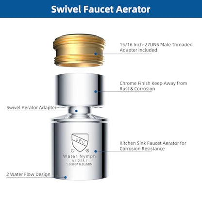 Hibbent NSF/ANSI/CAN 61 Certified Faucet Aerator, CUPC Certification 360° Swivel Kitchen Sink Aerator, Dual-function Sprayer Faucet Head, Faucet Replacement Part 55/64 Inch Female Thread - Chrome - color: Chrome