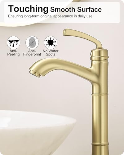 Brass Gold Vessel Sink Faucet, Tall Single Hole Bathroom Faucet for Vessel Sink Single Handle with Pop-Up Drain & Pre-Installed Hoses - color: Brushed Gold