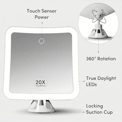 Fancii 20x Magnifying Makeup Mirror with LED Lights, Rechargeable, High Zoom | 7-inch Large Lighted Travel Mirror for Vanity and Bathroom, Dimmable, 3 Light Settings, Strong Suction, 360° Rotation