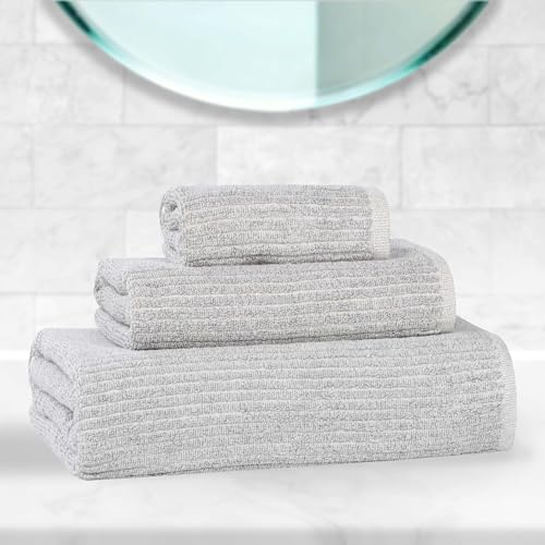 Superior Destin Viscose Cotton Blend Medium Weight Towels, for Bathroom, Shower, Spa, Plush, Quick Dry, Ultra-Soft Towels, Bath Essentials, Ribbed Design, 3 Piece Assorted Towel Set, Platinum - color: Platinum, size: 3 Piece Towel Set