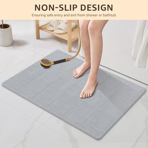 Yolife 32"x 20" Stone Bath Mat Large, Diatomaceous Earth Bath Mat for Bathroom, Super Absorbent Quick Drying Stone Shower Mat, Non-Slip Natural Diatomite Bathroom Floor Mat, Easy to Clean (Light Grey) - color: Light Grey