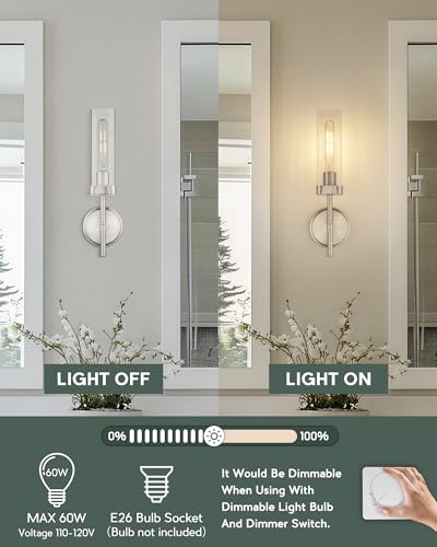 Set of 2 Brushed Nickel Bathroom Sconces, Square Clear Glass | Modern bathroom vanity light fixtures, upward-only mount, E26 base, hardwired, bulbs not included, VL262-BN-2PK - color: Brushed Nickel-Square Clear Glass, 2-Pack