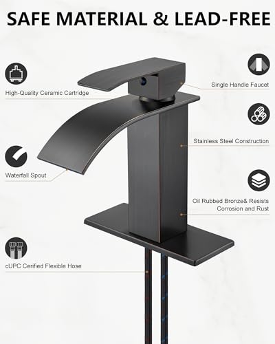 Midanya Waterfall Bathroom Faucet 1 Hole,Oil Rubbed Bronze | with 24” Hoses,Pop Up Drain,6” Deck Plate,for 1 or 3 Hole Vanity,Lavatory,RV,Single Handle Bathroom Sink Faucet,NSF Certified - color: Bronze