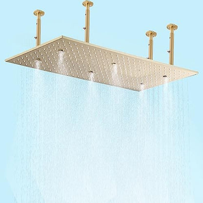 2 Modes Luxury High Pressure Rain Shower Head, 16"x32" Super Large Ceiling Full Body Shower Head with Silicone Nozzles Rectangle Mist Showerhead, Brushed Gold Finish - color: Brushed Gold, style: 2 Modes - Rainfall&Mist