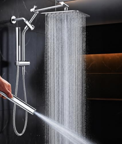 Veken All Metal 10"Luxurious Rain Shower Head with Handheld Spary,Power Jet | Square,Dual High Pressure Showerhead Combo,Double Detachable Shower Heads,Rainfall with Extension Arm,Long Hose,Chrome,Silver - color: Chrome, size: 10 Inch