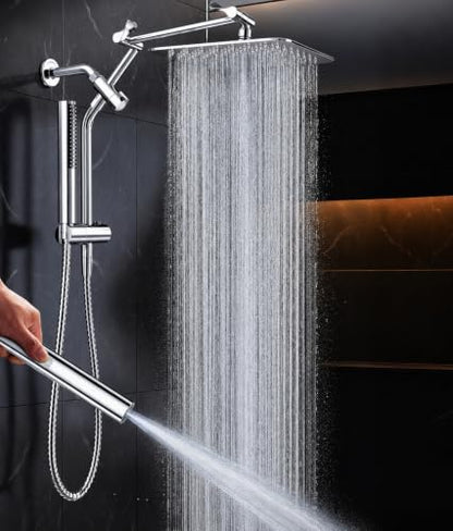 Veken All Metal 10"Luxurious Rain Shower Head with Handheld Spary,Power Jet | Square,Dual High Pressure Showerhead Combo,Double Detachable Shower Heads,Rainfall with Extension Arm,Long Hose,Chrome,Silver - color: Chrome, size: 10 Inch