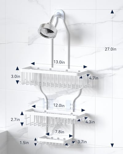 Never Rust Shower Caddy Hanging, Aluminum Shower Racks for Inside Shower, 3-Tier Shower Organizer Hanging Over Shower Head with Hooks and Soap Holder, White - color: White